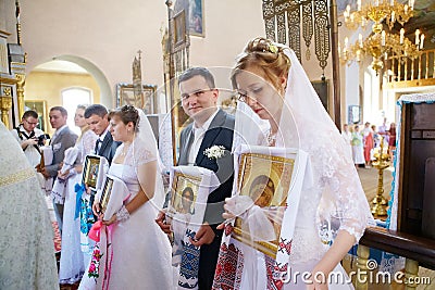 Wedding ceremony in Russian Orthodox Church. Editorial Stock Photo